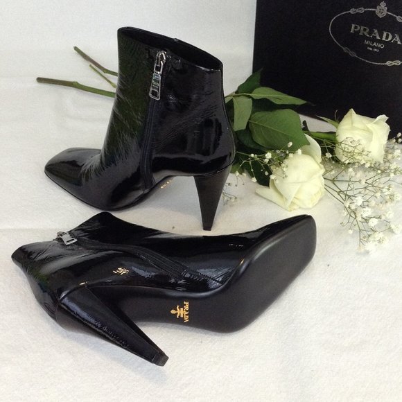 Prada Vernice Naplak Black Patent Leather Ankle Booties, 38.5 - Picture 2 of 15